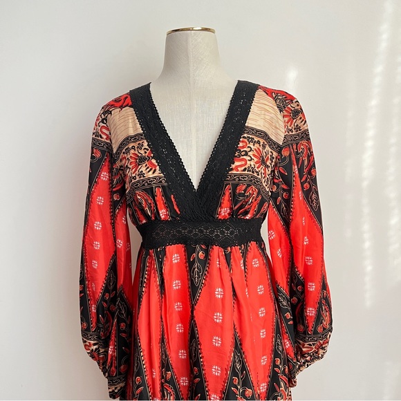 Manoush Inca D Silk Scarf Print and Crochet Dress with Billowy Sleeves Size 38 - Picture 2 of 7